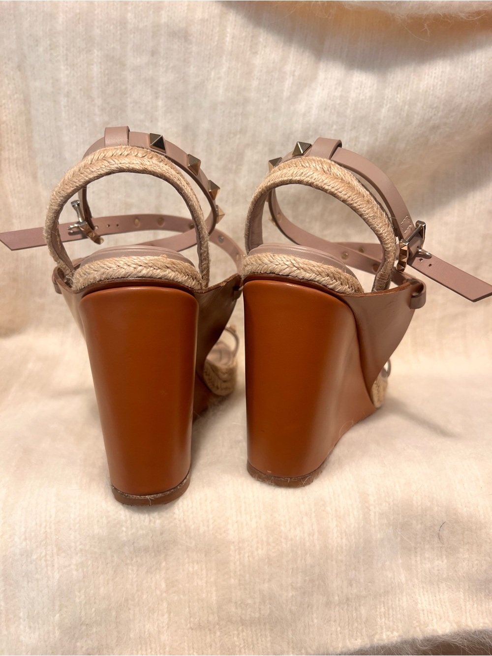 Valentino Brown Leather and Taupe Studded Espadrille Wedges - Picture 5 of 6